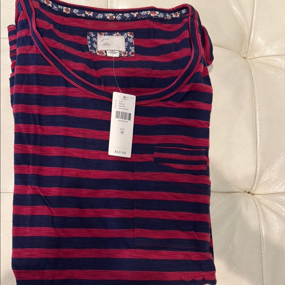 Anthropologie Striped Navy and Pink Pocket Ling Sleeve Tee with Tag